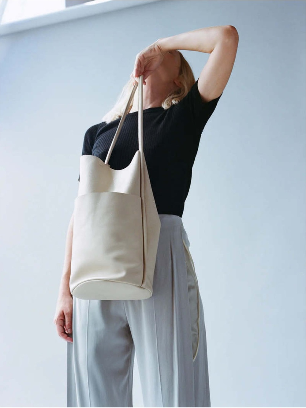 VGUC ARE STUDIO Buoy Bone Cream Leather Tote Slouchy Hobo Bucket Shoulder Bag